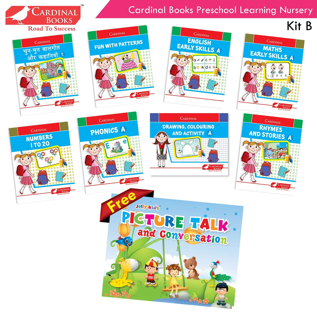 Cardinal Books Preschool Learning Nursery Kit B Set of 8|Alphabet | Numbers| Rhymes & Stories| Colouring| Phonic Book Ages 3-4 Years | Grocsy