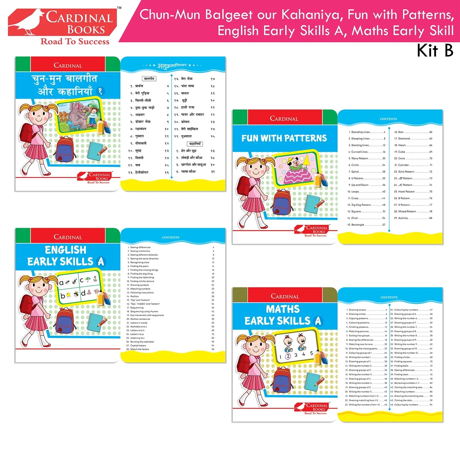Cardinal Books Preschool Learning Nursery Kit B Set of 8|Alphabet | Numbers| Rhymes & Stories| Colouring| Phonic Book Ages 3-4 Years | Grocsy