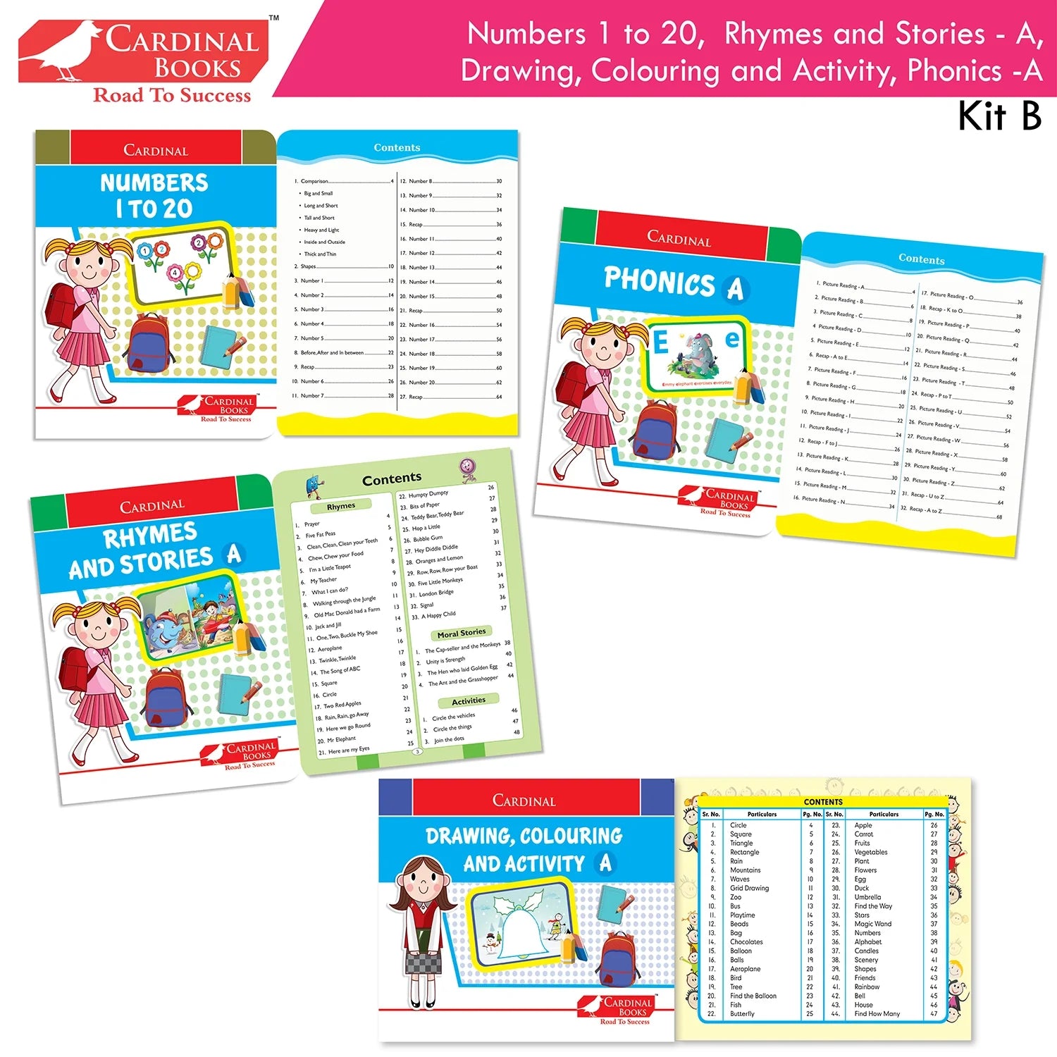 Cardinal Books Preschool Learning Nursery Kit B Set of 8|Alphabet | Numbers| Rhymes & Stories| Colouring| Phonic Book Ages 3-4 Years | Grocsy