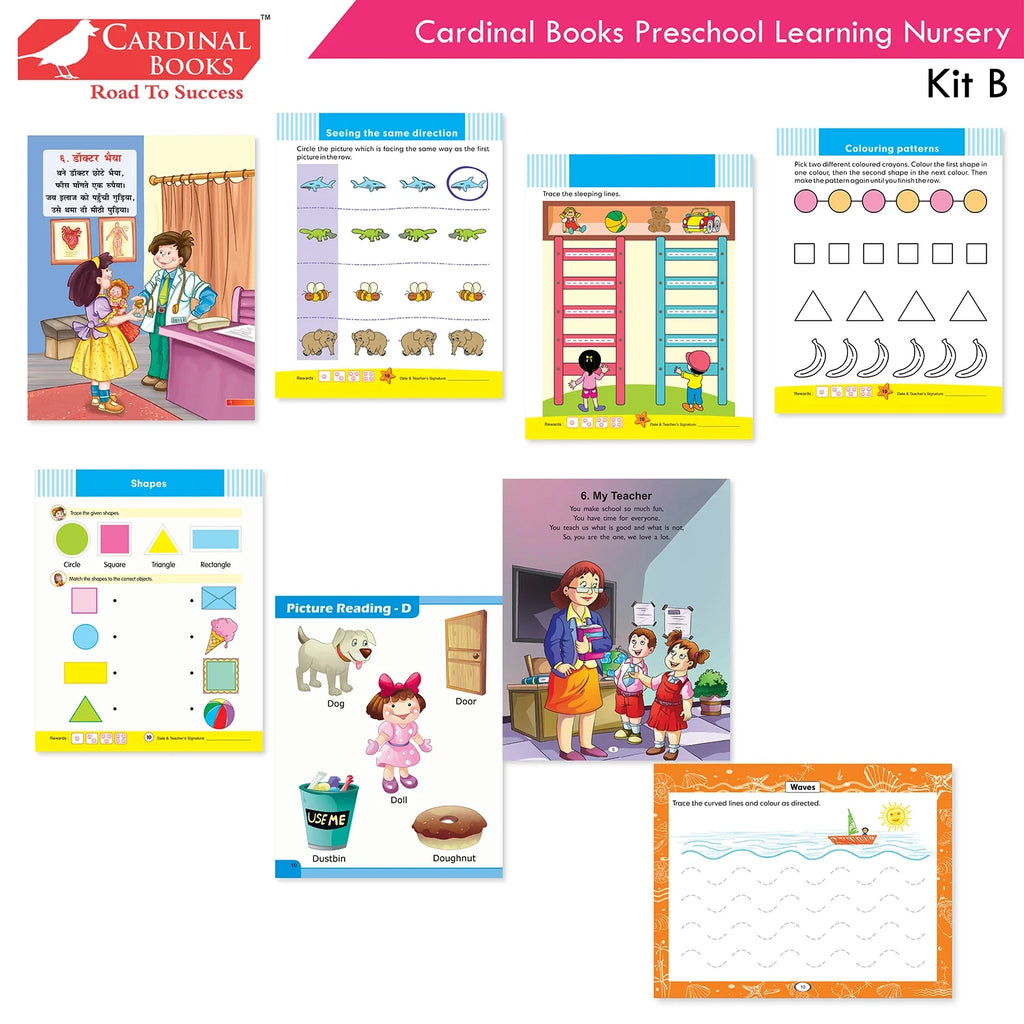 Cardinal Books Preschool Learning Nursery Kit B Set of 8|Alphabet | Numbers| Rhymes & Stories| Colouring| Phonic Book Ages 3-4 Years | Grocsy