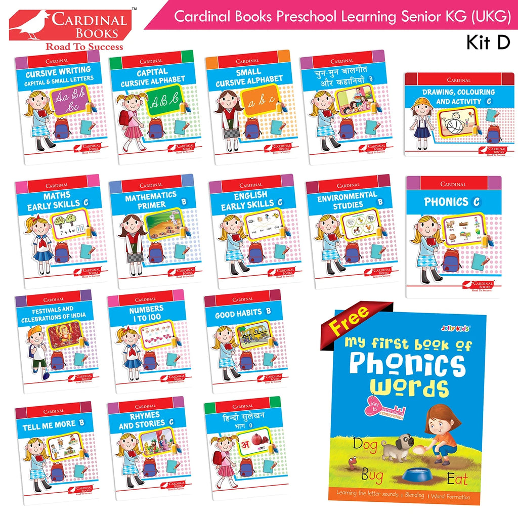 Cardinal Books Preschool Learning Senior KG (UKG) Kit D Set of 16| Cursive Alphabet| Number|Rhymes and Stories| Phonic|Ages 5-6 Years + | Grocsy