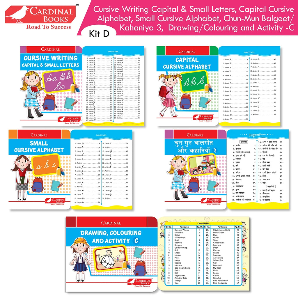Cardinal Books Preschool Learning Senior KG (UKG) Kit D Set of 16| Cursive Alphabet| Number|Rhymes and Stories| Phonic|Ages 5-6 Years + | Grocsy