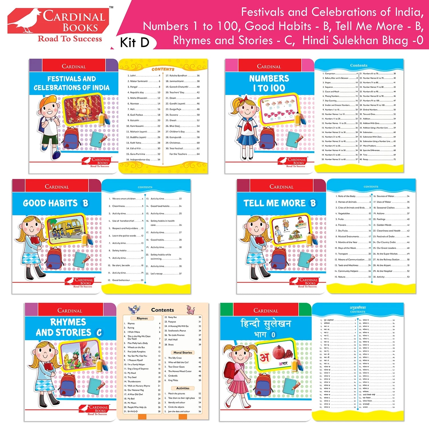 Cardinal Books Preschool Learning Senior KG (UKG) Kit D Set of 16| Cursive Alphabet| Number|Rhymes and Stories| Phonic|Ages 5-6 Years + | Grocsy