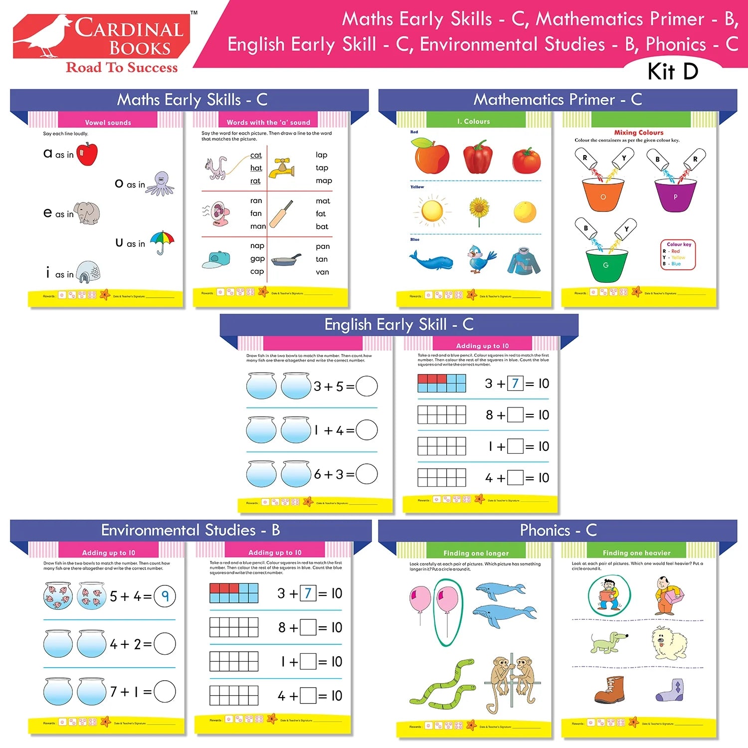 Cardinal Books Preschool Learning Senior KG (UKG) Kit D Set of 16| Cursive Alphabet| Number|Rhymes and Stories| Phonic|Ages 5-6 Years + | Grocsy
