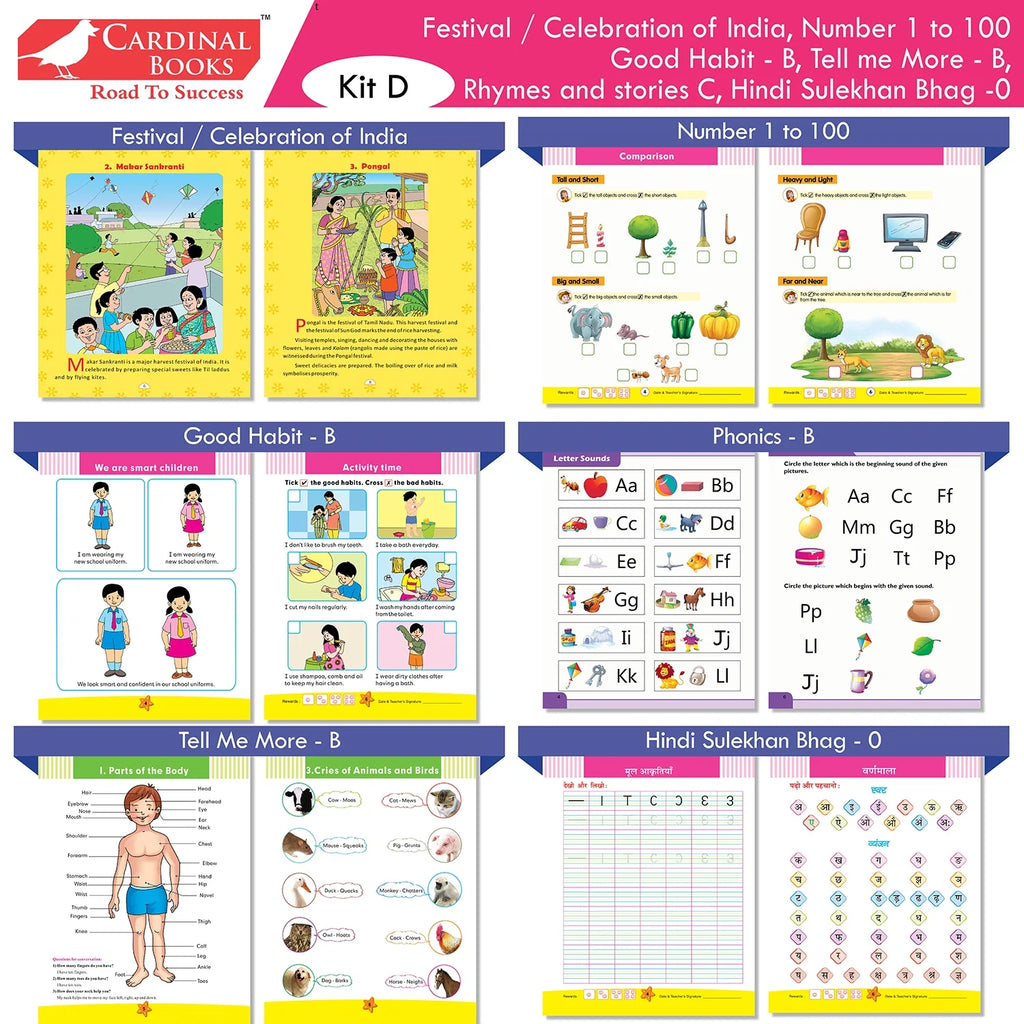 Cardinal Books Preschool Learning Senior KG (UKG) Kit D Set of 16| Cursive Alphabet| Number|Rhymes and Stories| Phonic|Ages 5-6 Years + | Grocsy