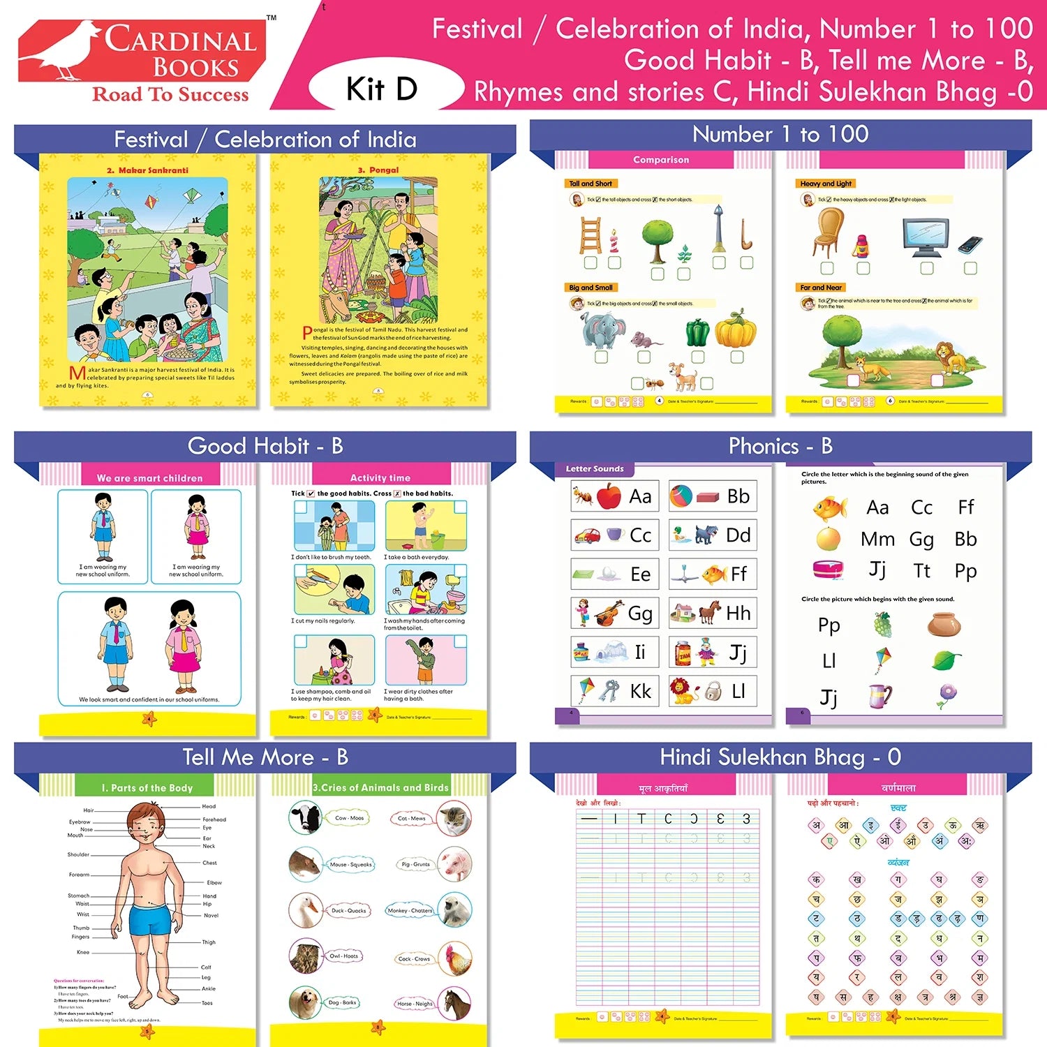 Cardinal Books Preschool Learning Senior KG (UKG) Kit D Set of 16| Cursive Alphabet| Number|Rhymes and Stories| Phonic|Ages 5-6 Years + | Grocsy