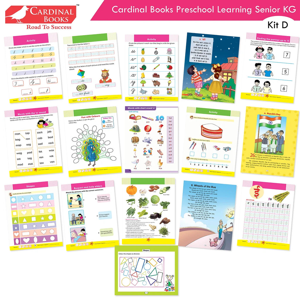 Cardinal Books Preschool Learning Senior KG (UKG) Kit D Set of 16| Cursive Alphabet| Number|Rhymes and Stories| Phonic|Ages 5-6 Years + | Grocsy
