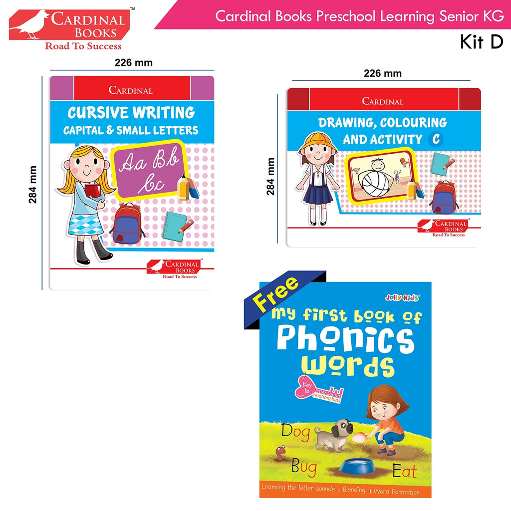 Cardinal Books Preschool Learning Senior KG (UKG) Kit D Set of 16| Cursive Alphabet| Number|Rhymes and Stories| Phonic|Ages 5-6 Years + | Grocsy