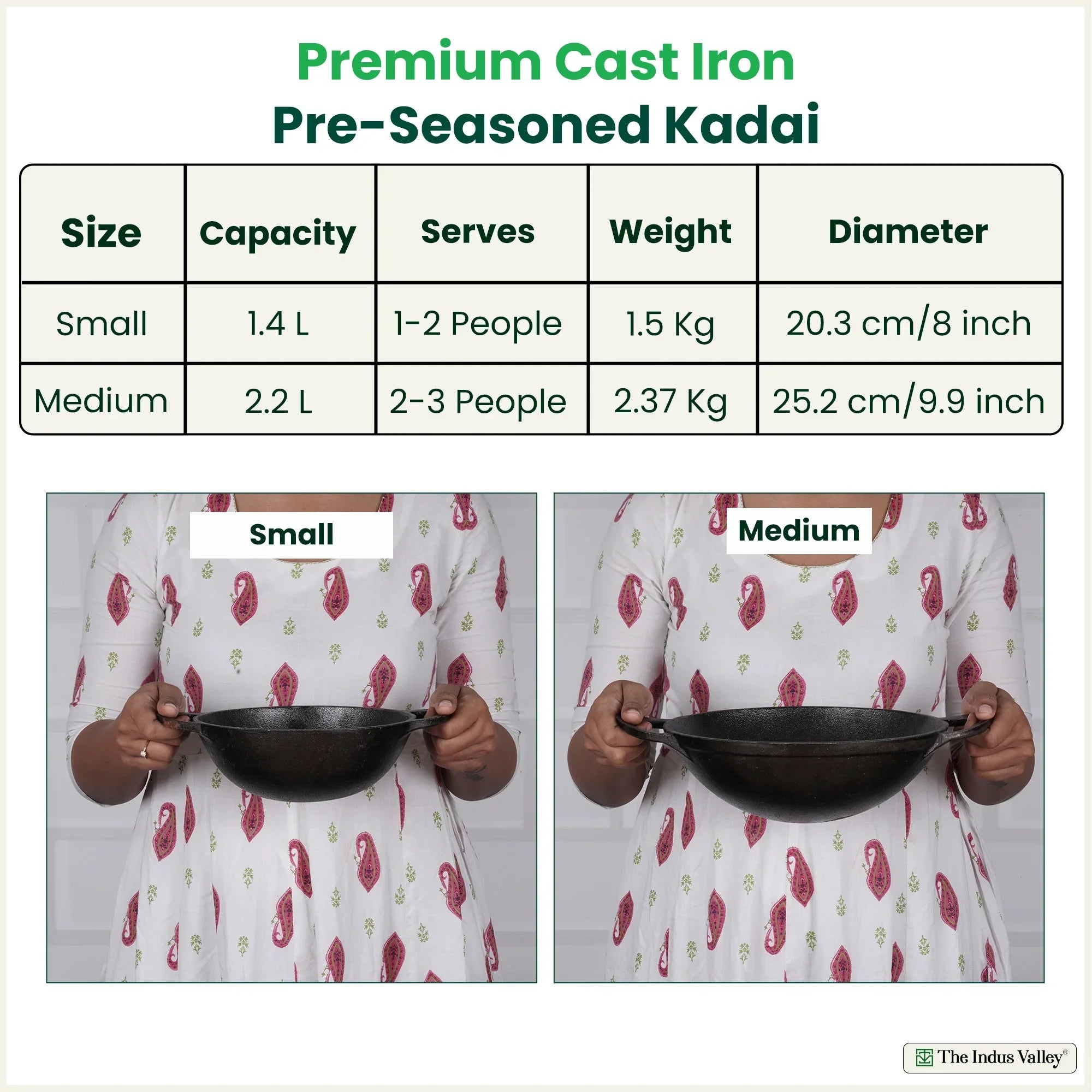 The Indus Valley CASTrong Cast Iron Kadai, Pre-seasoned, Nonstick, 100% Pure, Toxin-free, 20.3cm, 1.4L, 1.5kg | Grocsy
