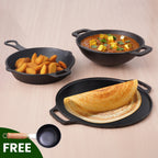 The Indus Valley CASTrong Cast Iron Cookware Set: Tawa+ Kadai+ Fry Pan, Kitchen Set for Home, Pre-seasoned, 100% Pure, Toxin-free, Tadka Pan | Grocsy