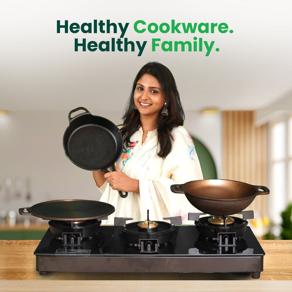 The Indus Valley 12 Pit/Cup CASTrong Cast Iron Kuzhi Paniyaram/Paddu Pan/Appe Maker, Pre-seasoned, 100% Pure, Toxin-free, Spatula, 21 cm, 2.2 kg | Grocsy