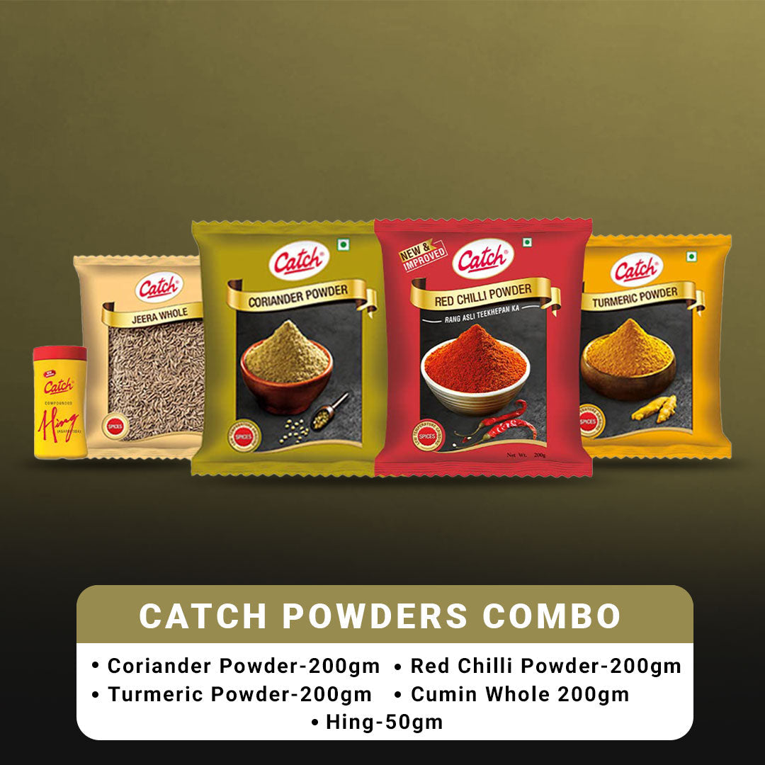 Catch Masala & Spices Combo Five Pack - Coriander Powder 200 gms + Turmeric Powder 200 gms + Red Chilli Powder 200 gms + Cumin Whole 200 gms + Hing 50 gms | Grocsy