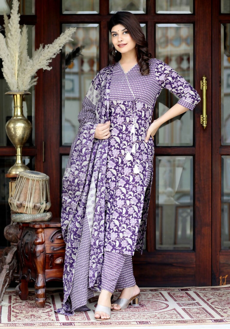 Miravan Women's Floral Block Printed Purple Angrakha Kurta And Palazzo With Dupatta Set | Grocsy