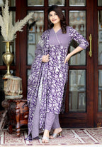 Miravan Women's Floral Block Printed Purple Angrakha Kurta And Palazzo With Dupatta Set | Grocsy