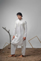 White Greek Satin Heavy Embroidery Work Kurta Set - Mahotsav | Grocsy