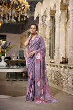 Vastranavya Grey Spectacular Georgette Printed with Pearl Lace Saree with Unstitched Blouse | Grocsy