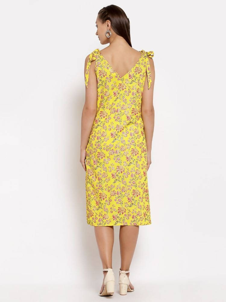 Myshka Women's Yellow Cotton Printed Sleeveless V Neck Casual Dress | Grocsy