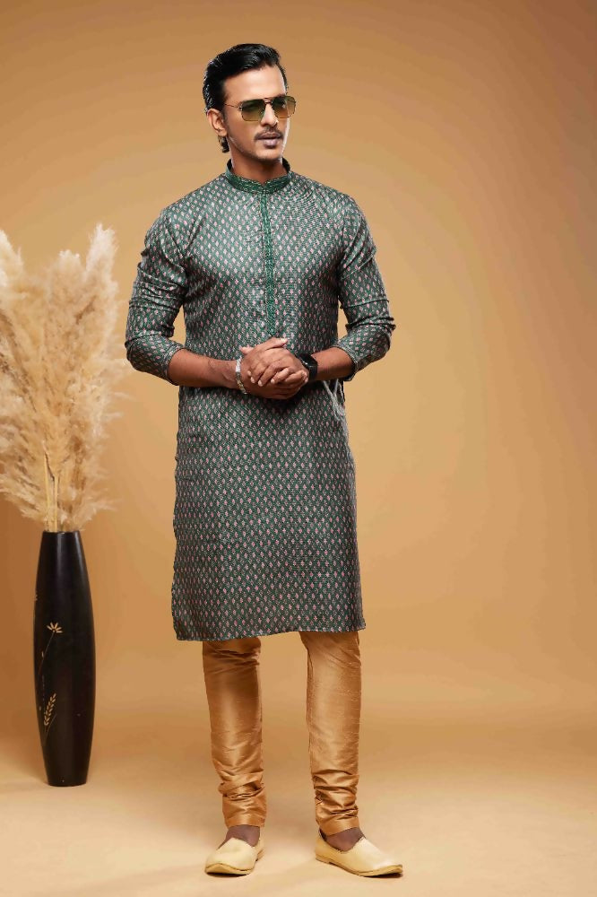Raivat Ethnic Art Silk Digital Print Pintux Work Kurta Pajama In Green Colour | Grocsy