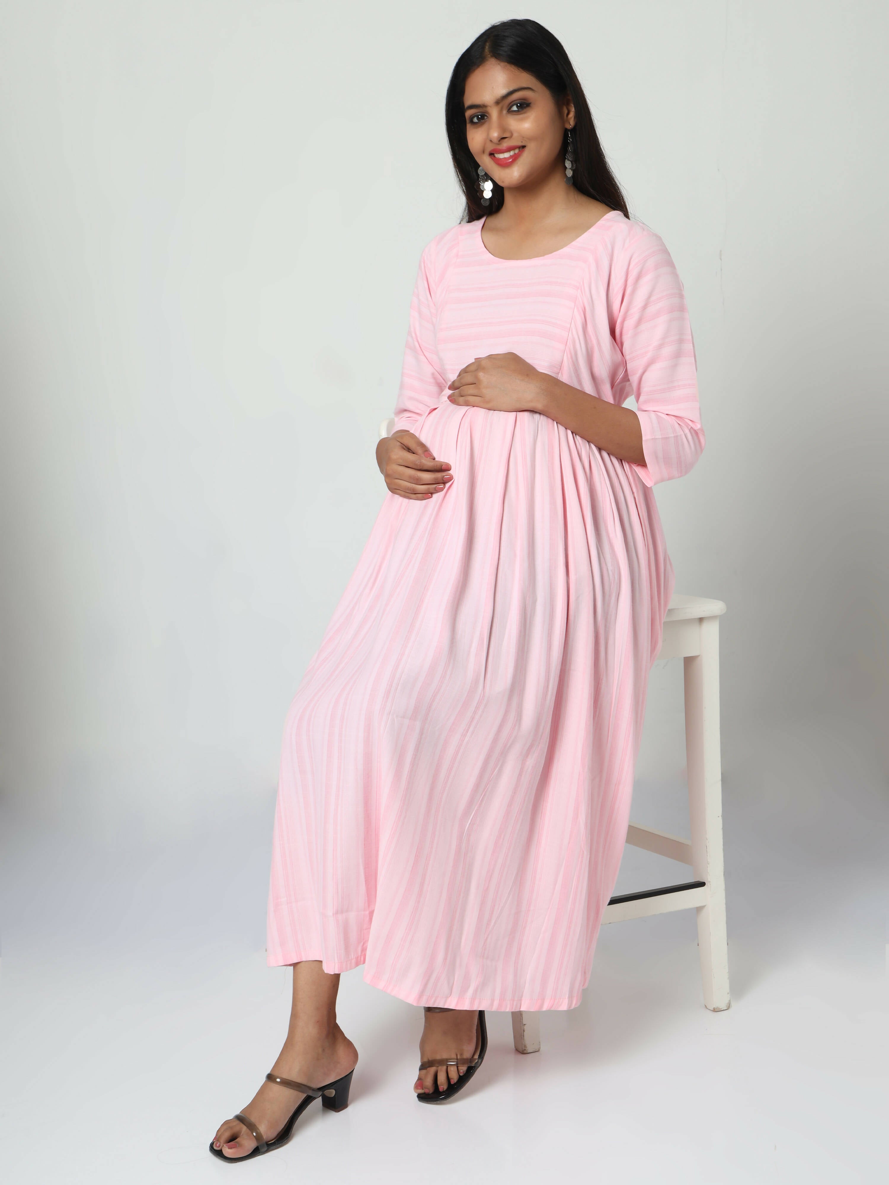 Manet Three Fourth Maternity Dress Striped With Concealed Zipper Nursing Access - Pink | Grocsy