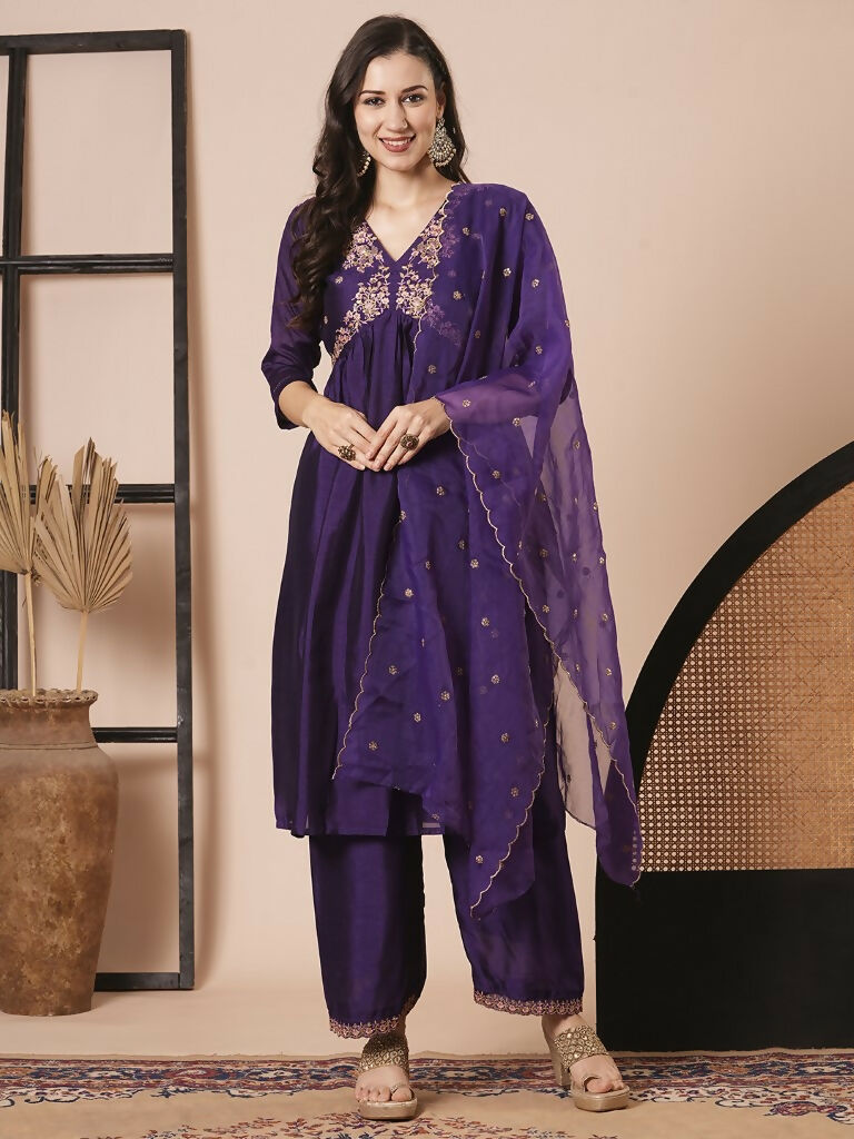 Purple Vichitra Silk Embroidery Work Kurta Set - Riya | Grocsy