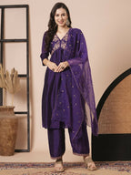 Purple Vichitra Silk Embroidery Work Kurta Set - Riya | Grocsy