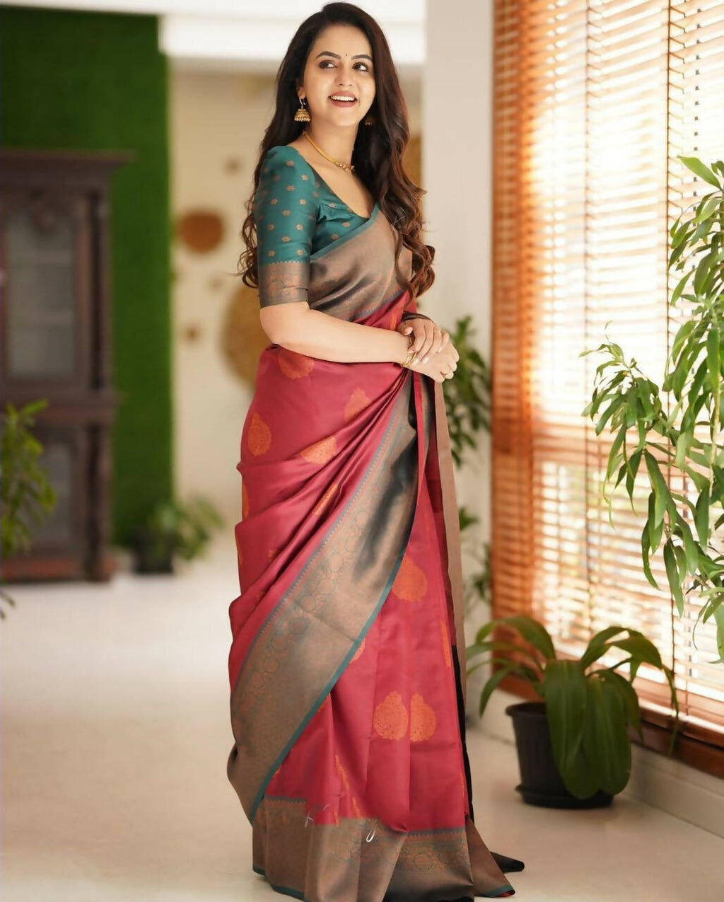 DEIANA'S Beautiful Designer Golden zari Soft Lichi Silk Saree - Maroon | Grocsy