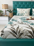 URBAN SPACE Serene White & Blue Printed 200 TC Pure Cotton Bedsheet & Pillow Covers | Grocsy