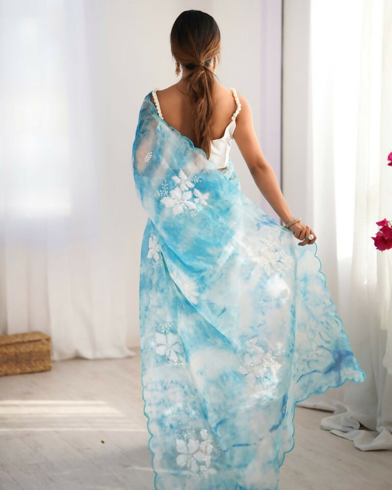 Sky Blue Jimmy Choo Printed, Sequence Embroidery Work Saree - Saima | Grocsy