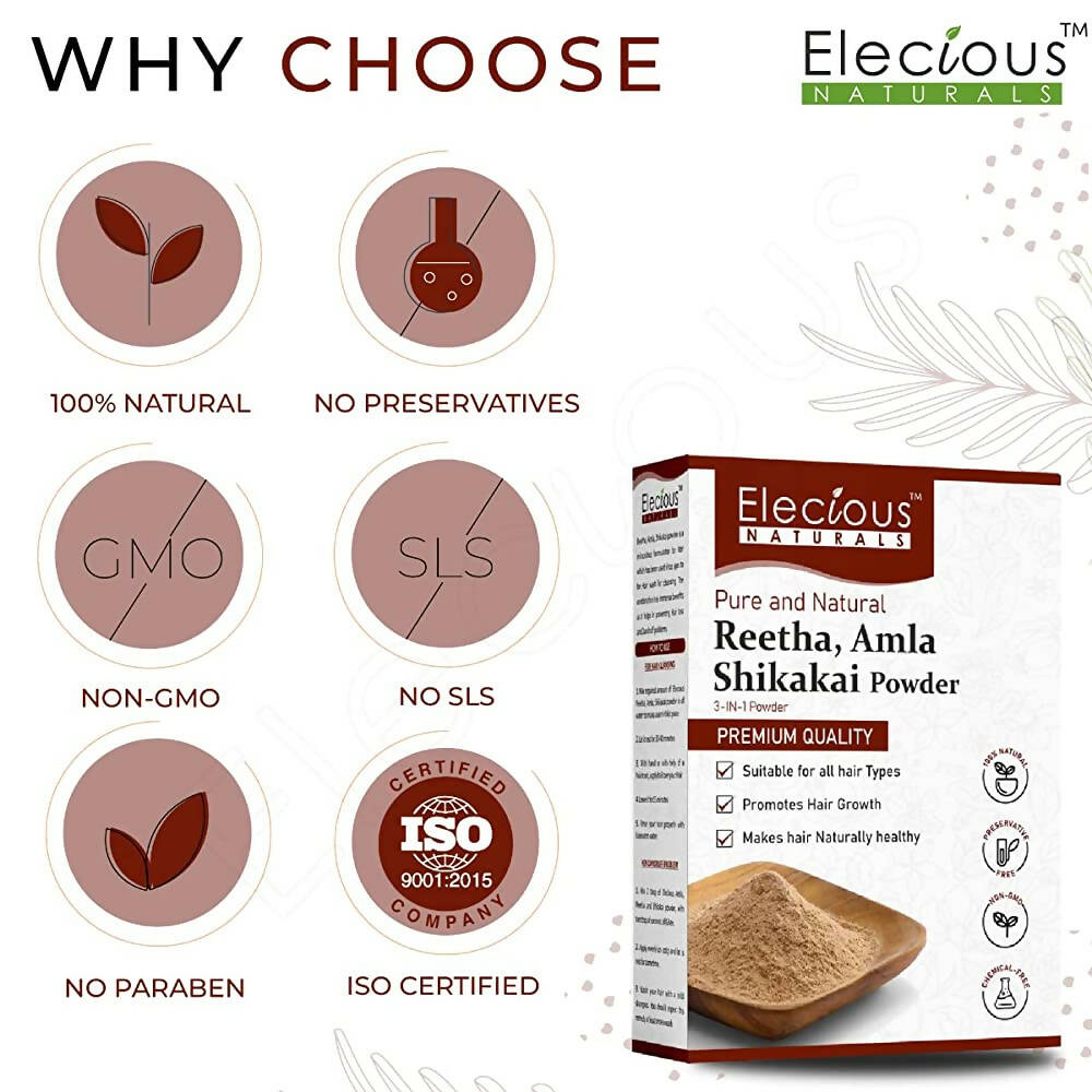 Elecious Naturals Amla, Reetha, Shikakai 3-in-1 Powder For Hair Cleanser | Grocsy