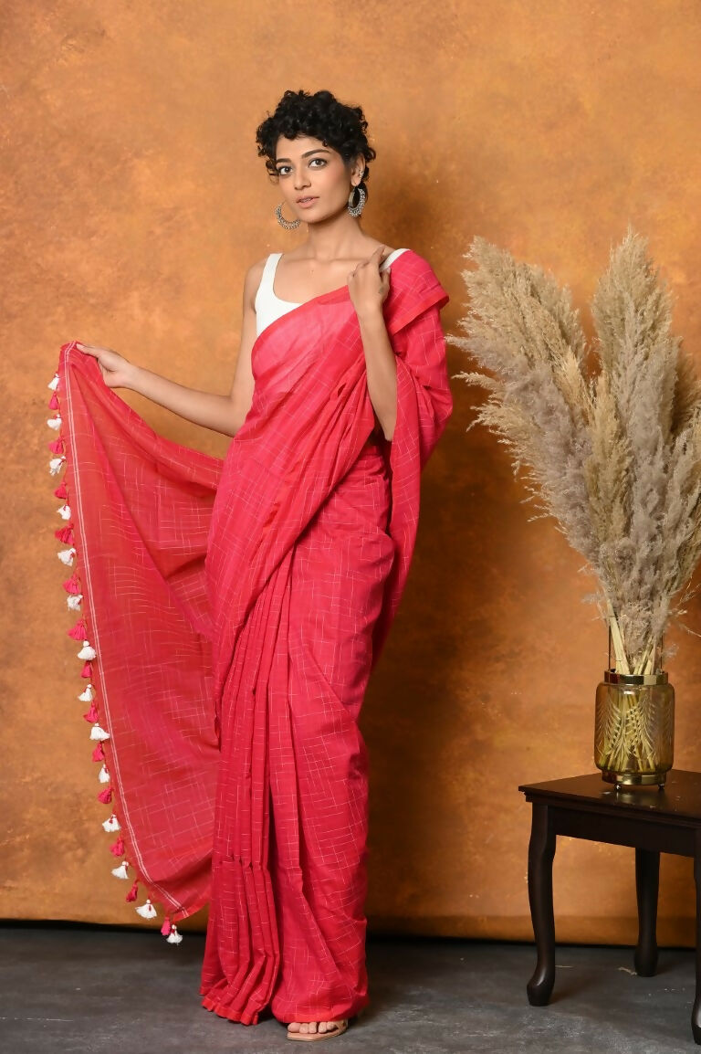Very Much Indian Mul Cotton Khadi Design Handloom Woven Saree - Pink | Grocsy