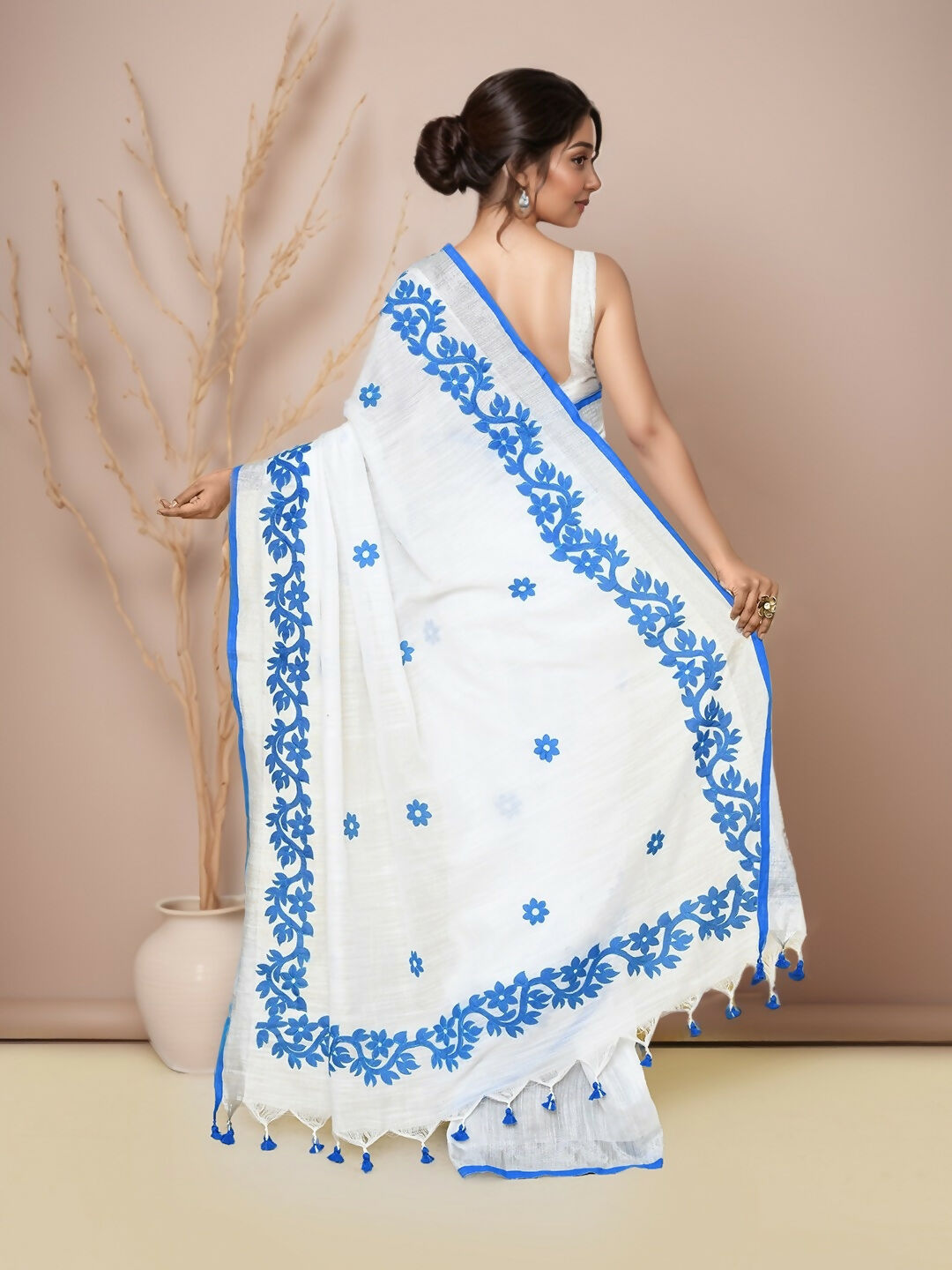 Joban Fashion White & Blue Cotton Applic Saree | Grocsy