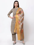 Myshka Women's Khaki Cotton Solid 3/4 Sleeve Mandarin Neck Casual Kurta Pant Dupatta Set | Grocsy