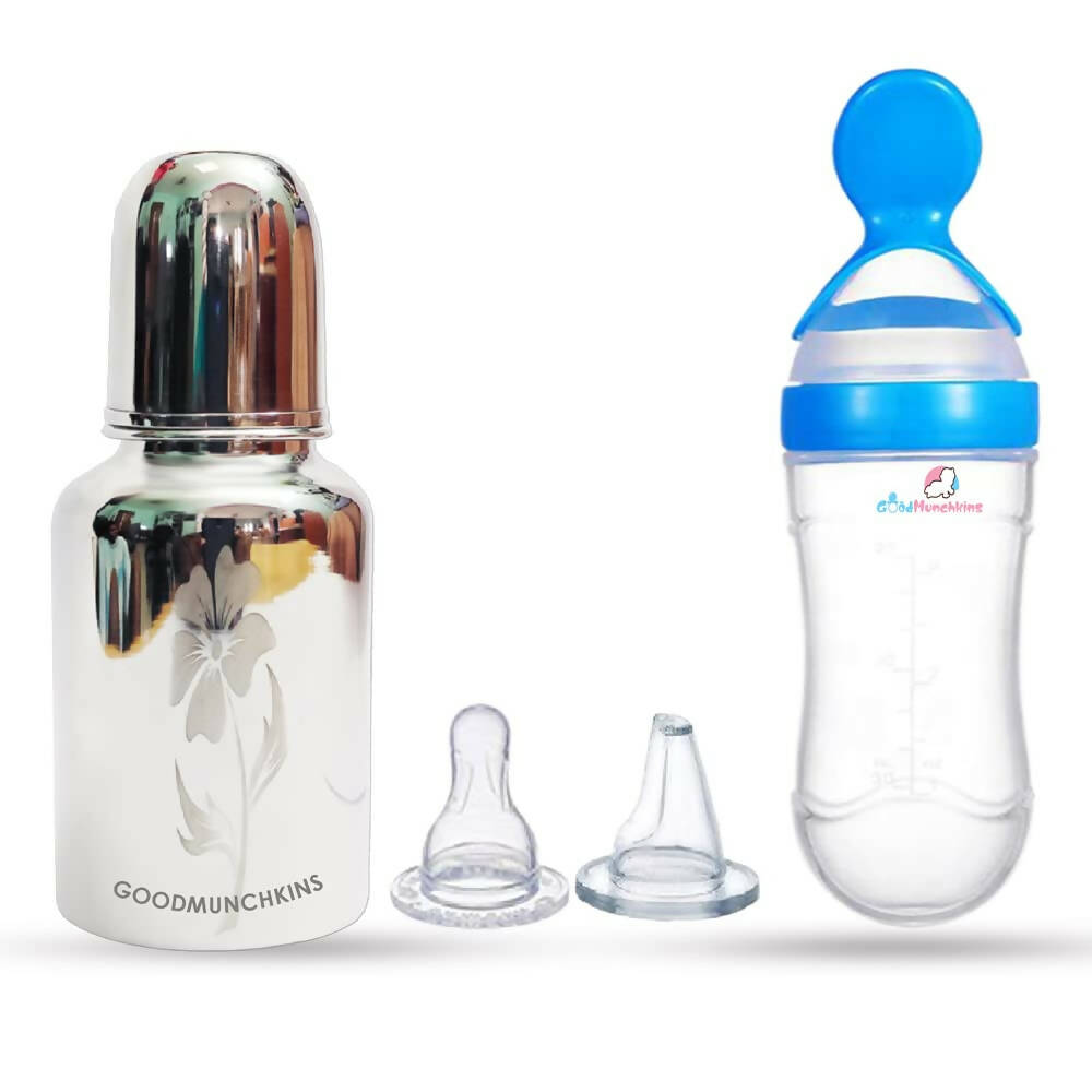Goodmunchkins Stainless Steel Feeding Bottle & Spoon Food Feeder Anti Colic Silicone Nipple Combo-(Blue,300ml) | Grocsy