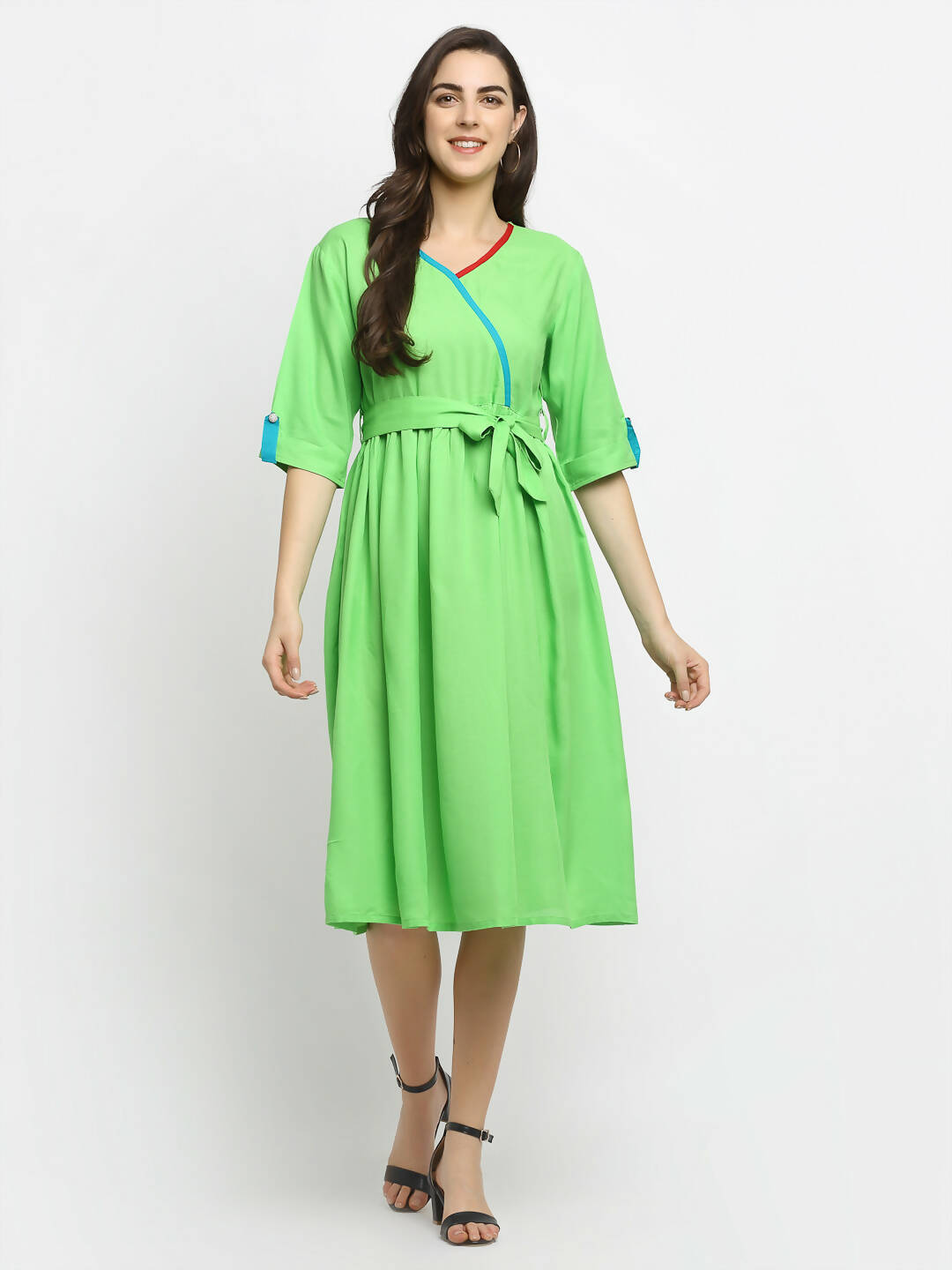 Rudra Bazaar Lime Green Flared Kurta with Belt | Grocsy