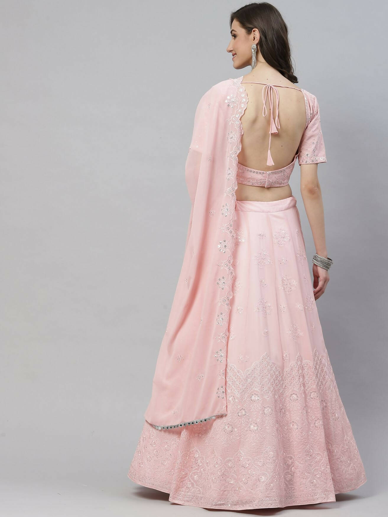 Pink Georgette Thread with Sequins Embroidered work Lehenga Choli with Dupatta - Jivika | Grocsy