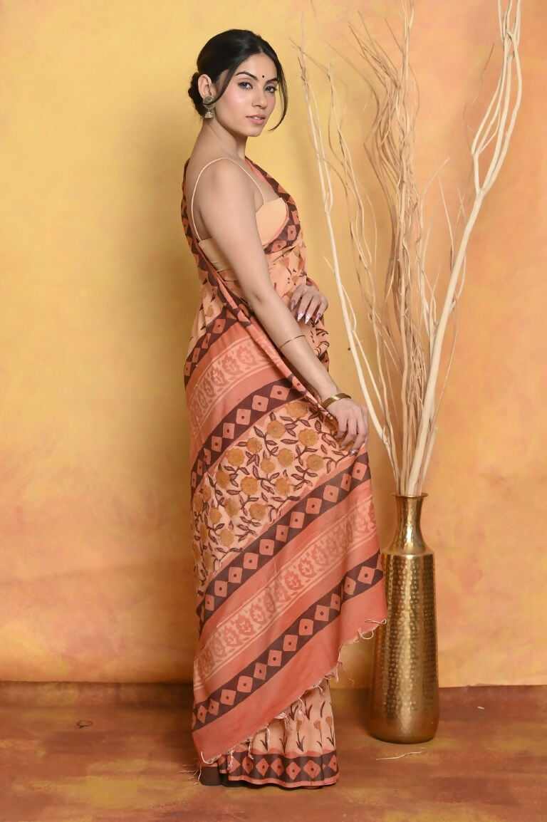 Very Much Indian Designer Modal Silk Saree With With Beautiful Floral Print - Light Orange | Grocsy