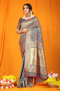 Jyoti Fashion Women's Grey Kanjivaram Silk Zari Woven Saree with Blouse | Grocsy