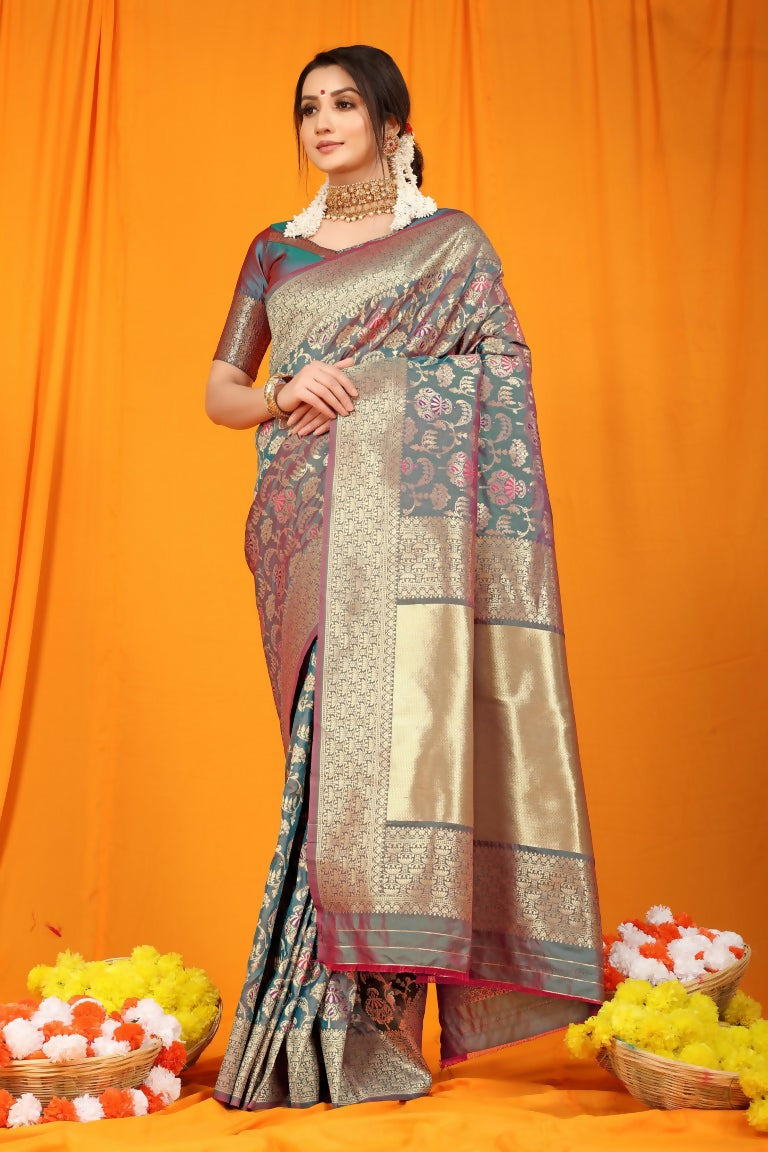 Jyoti Fashion Women's Grey Kanjivaram Silk Zari Woven Saree with Blouse | Grocsy