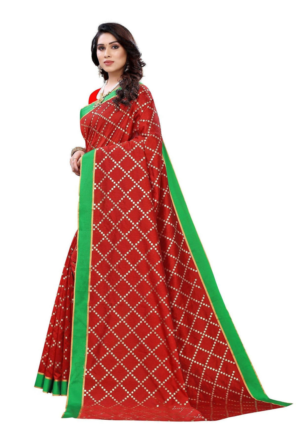 Vamika Red Linen Foil Print Saree (YOGI RED) | Grocsy