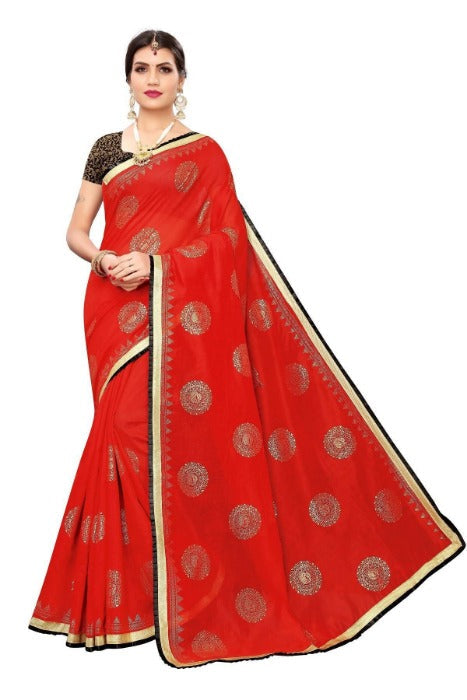 Vamika Chanderi Cotton Foil Print Red Saree (GOLDEN BIRD Red) | Grocsy
