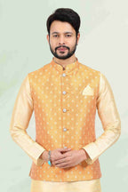 Raivat Ethnic Jacquard Banarasi Silk Woven Work 3 Pics Jacket Set In Mustard Colour | Grocsy