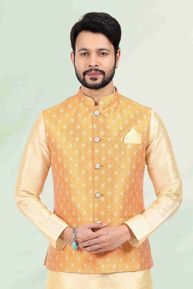 Raivat Ethnic Jacquard Banarasi Silk Woven Work 3 Pics Jacket Set In Mustard Colour | Grocsy