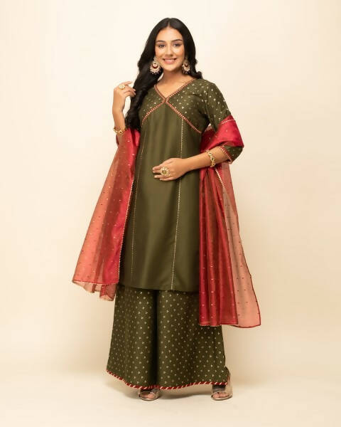 FIORRA Women's Green Silk Blend Straight Kurta Palazzo Set With Dupatta | Grocsy