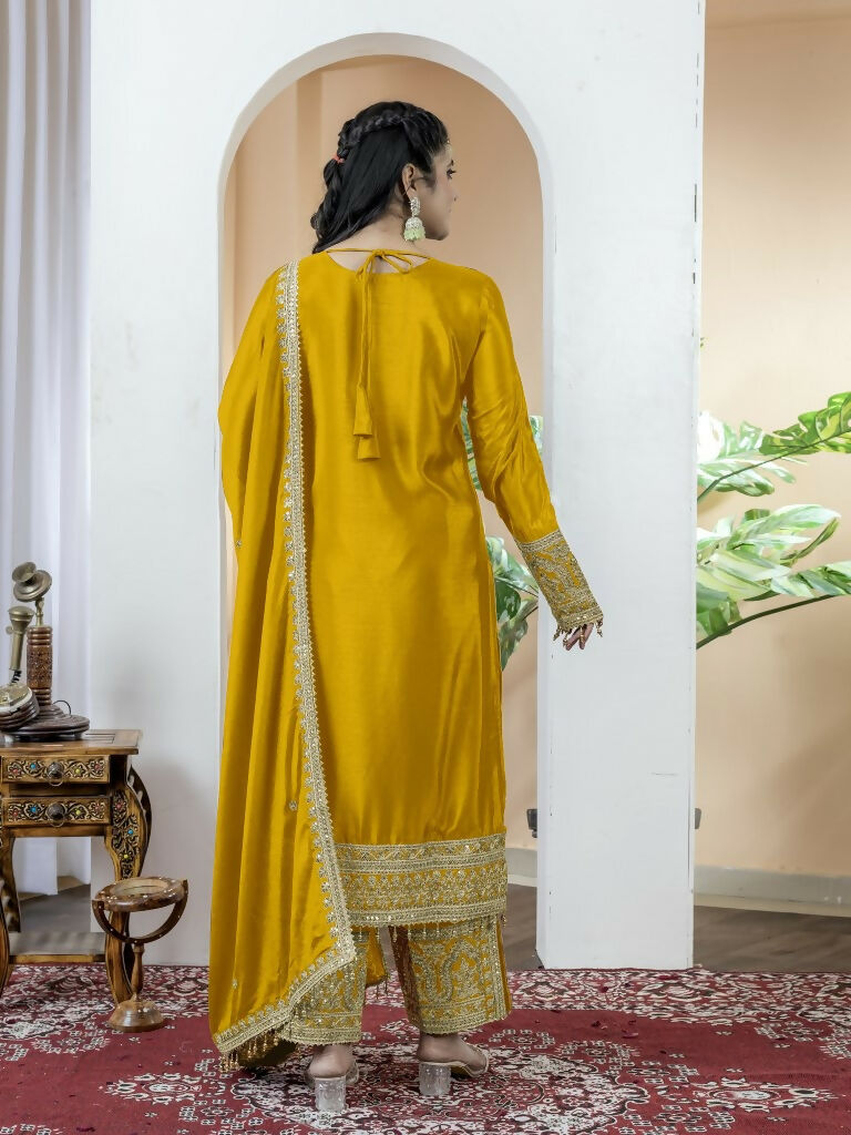 Teeya Creation Yellow Color Chinnon Silk Embroidery Work Fully Stitched Salwar Suit | Grocsy