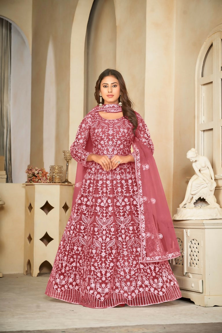 Jyoti Fashion Women's Gajri Net Embroidered Anarkali Kurta Pant Set With Dupatta | Grocsy