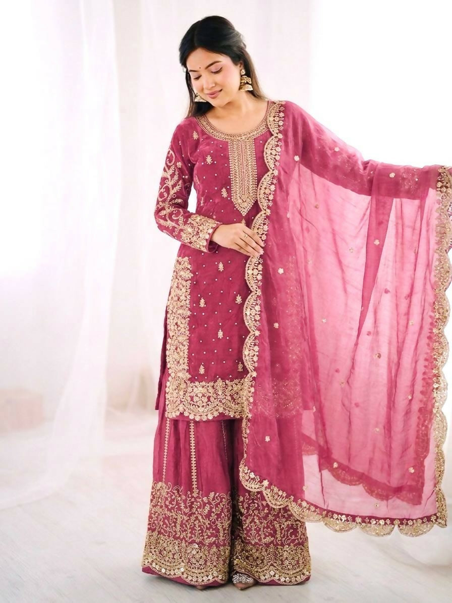 Teeya Creation Womens New Trendy Embroidery Coding And Sequence Work Pink Kurta Set | Grocsy