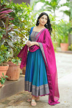 Teeya Creation Womens New Elegant Blue Anarkali Gown with Embroidered Yoke Contrasting Pink Dupatta Set | Grocsy