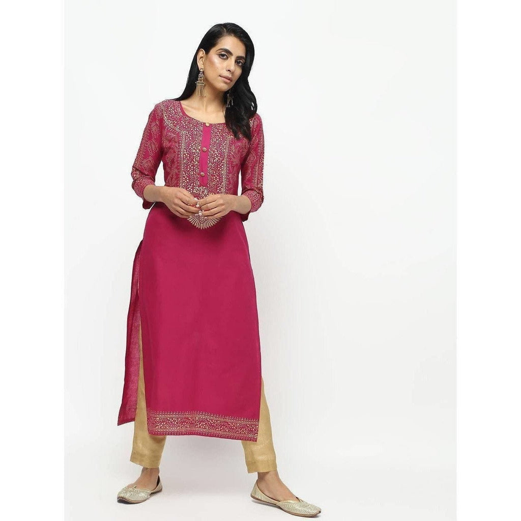 Cheera Megenta Straight Foil Printed Long Kurta | Grocsy