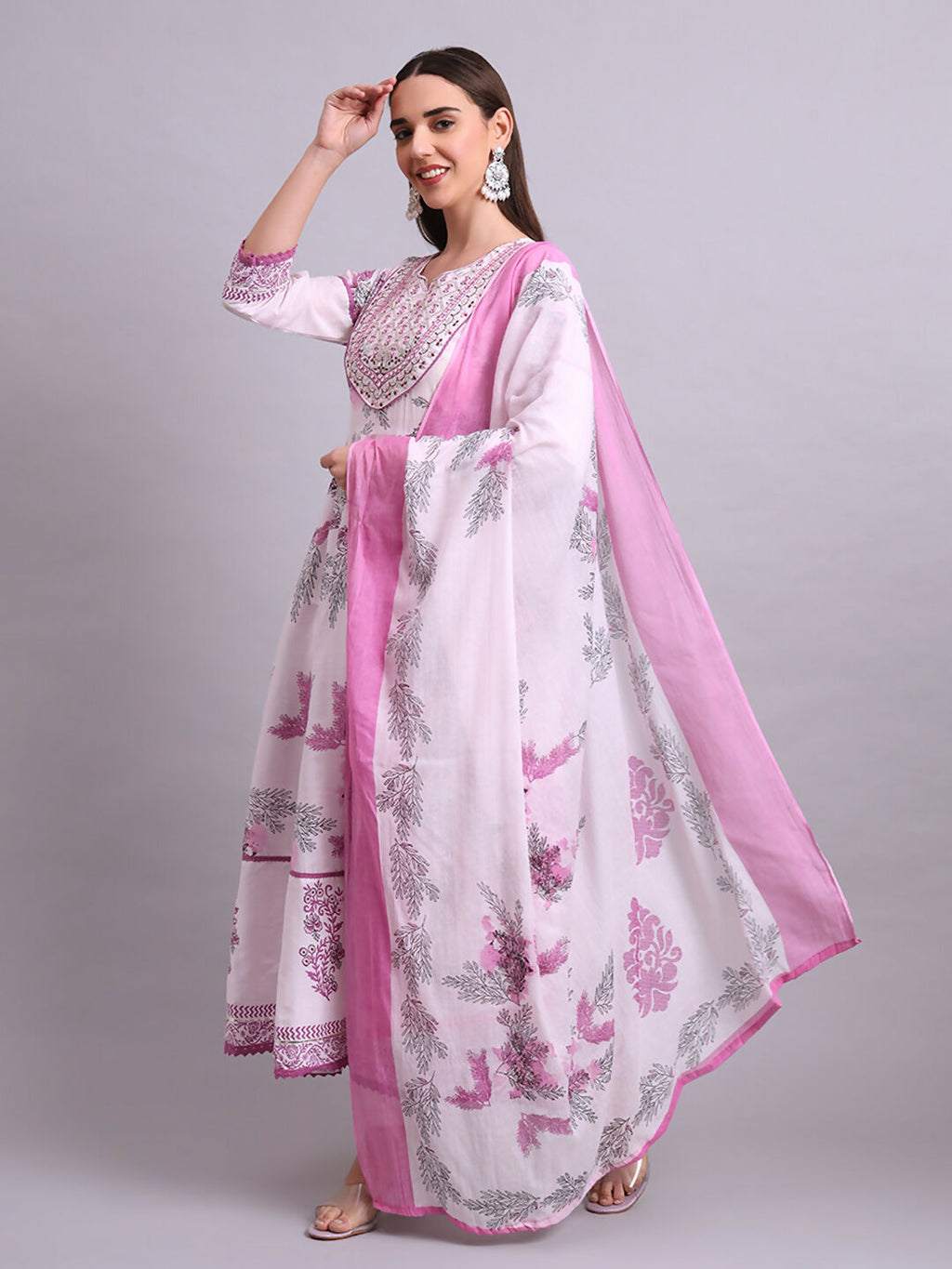 Joban Fashion Pink Cotton Floral Printed & Embroidery Work Anarkali Kurta With Trousers & Dupatta Set | Grocsy