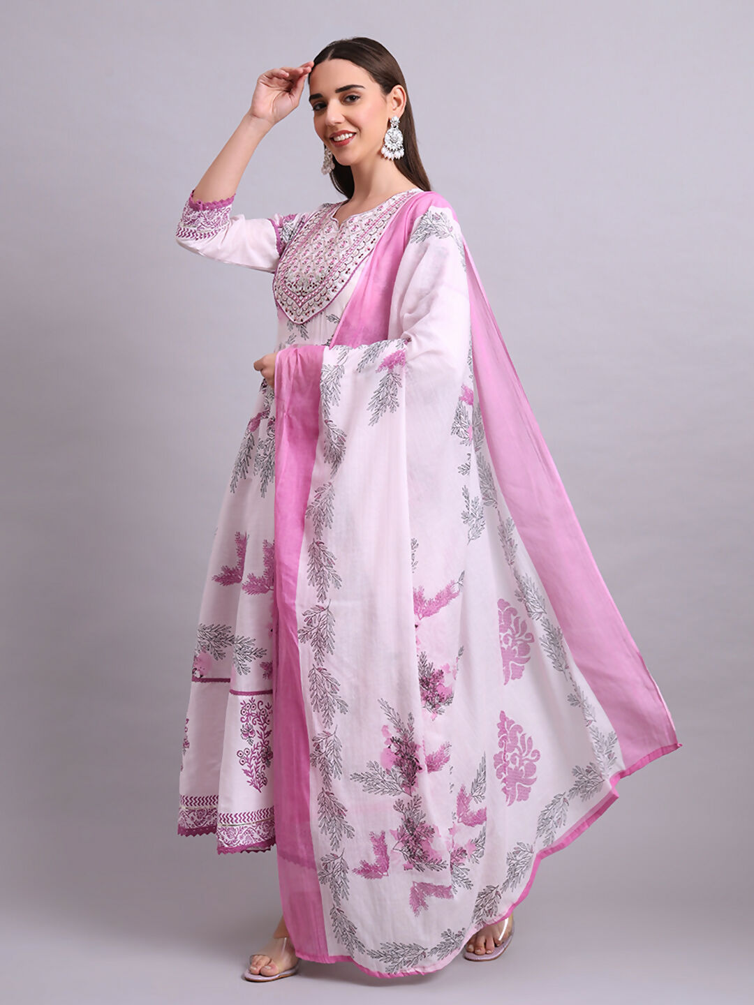 Joban Fashion Pink Cotton Floral Printed & Embroidery Work Anarkali Kurta With Trousers & Dupatta Set | Grocsy